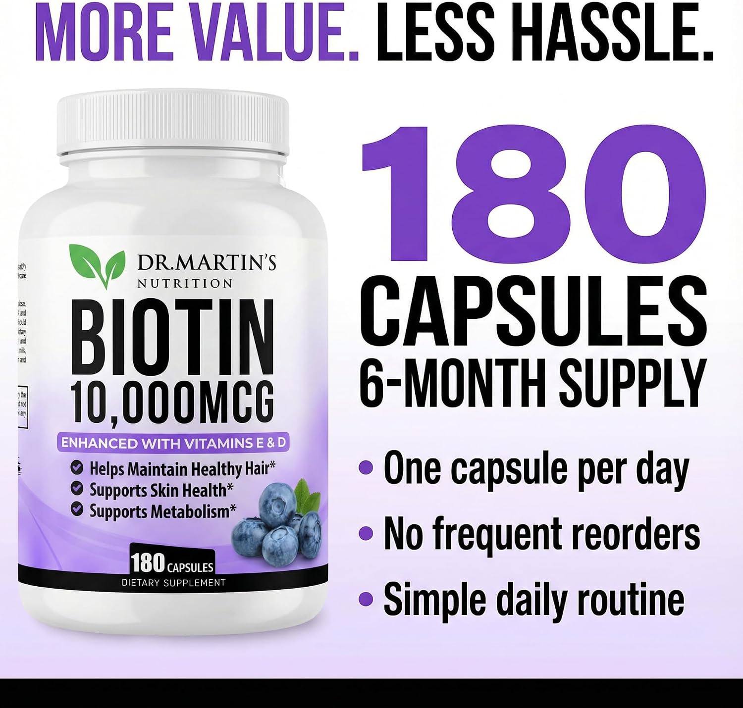 DR. MARTIN'S NUTRITION Biotina 10.000 mcg con Vitamina D3 y E, 180 Cápsulas