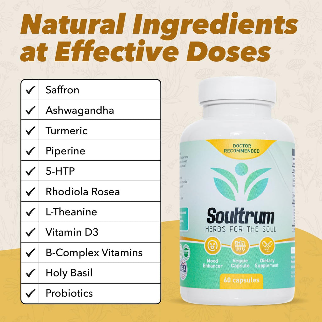Soultrum Mood Support Supplement - Fórmula diaria con azafrán, ashwagandha, omega 3 y más - 60 cápsulas