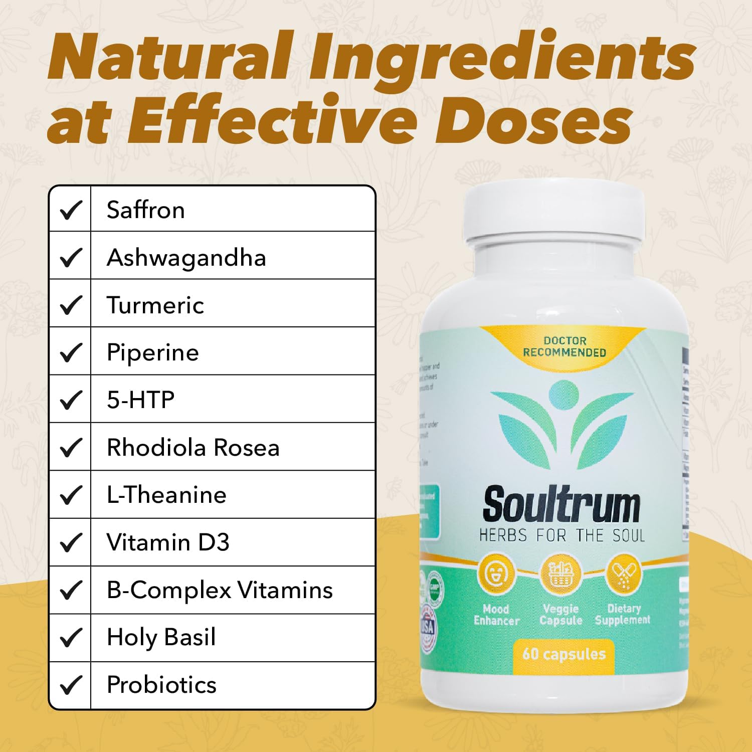 Soultrum Mood Support Supplement - Fórmula diaria con azafrán, ashwagandha, omega 3 y más - 60 cápsulas