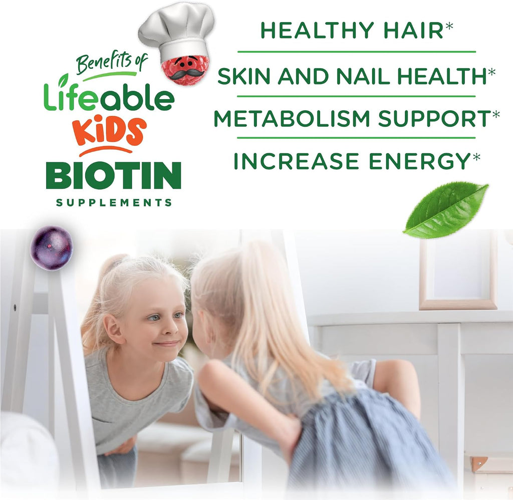 Lifeable Gomitas de Biotina Sin Azúcar para Niños – 5000mcg – 90 Gomitas con Sabor Frambuesa