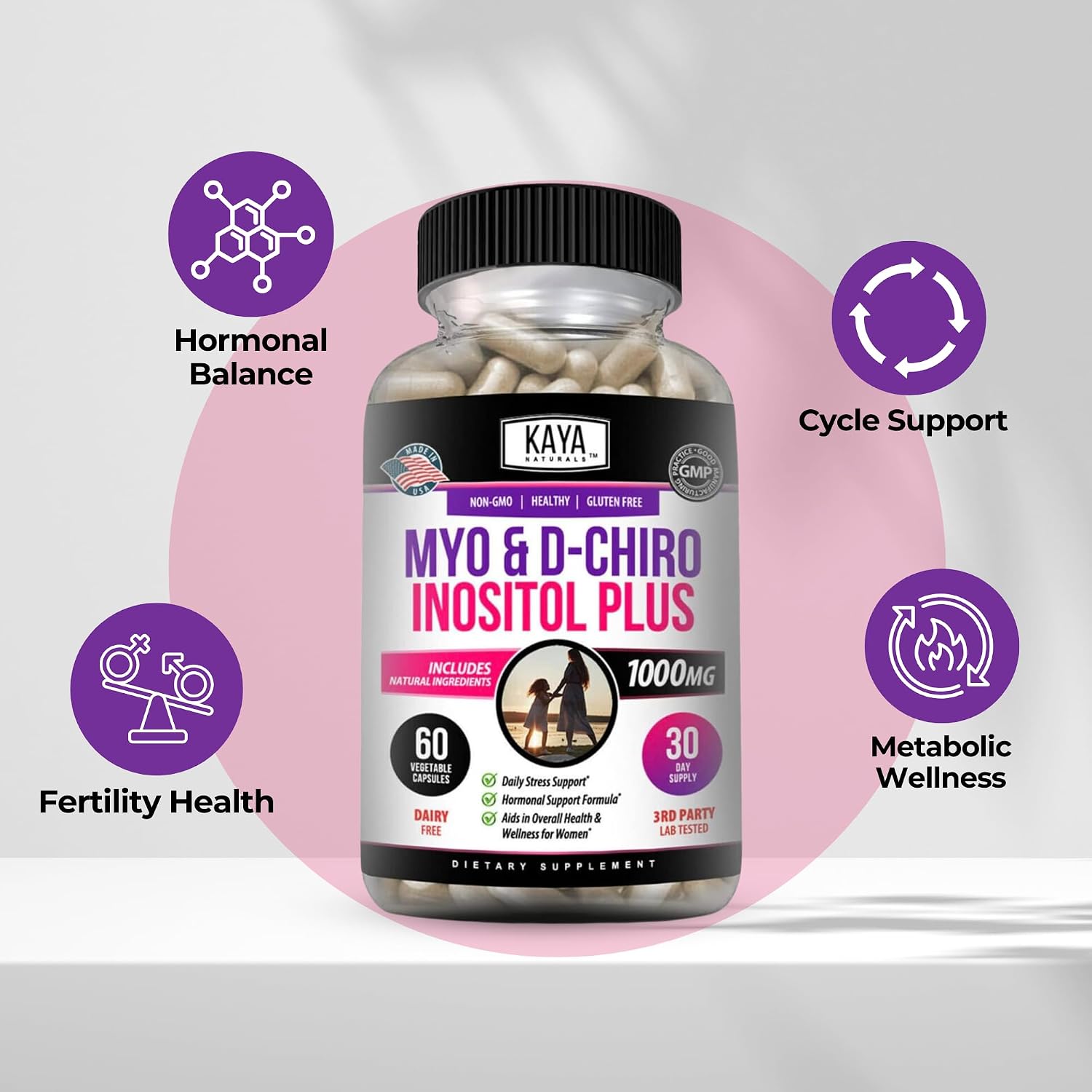 Kaya Naturals Myo & D-Chiro Inositol Plus 60 Cápsulas - Complemento Alimenticio con Vitamina B8