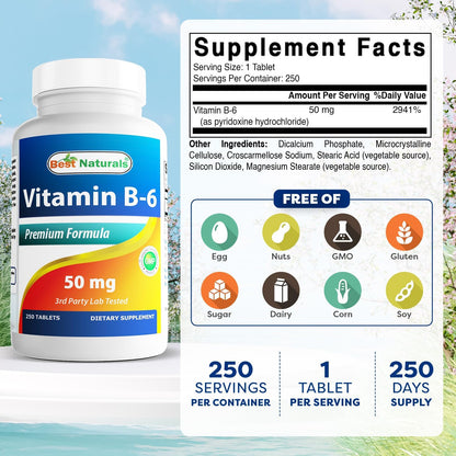 Best Naturals Vitamina B6 50 mg 250 – Participa en la formación normal de glóbulos rojos, ayudando a transportar – Image 2