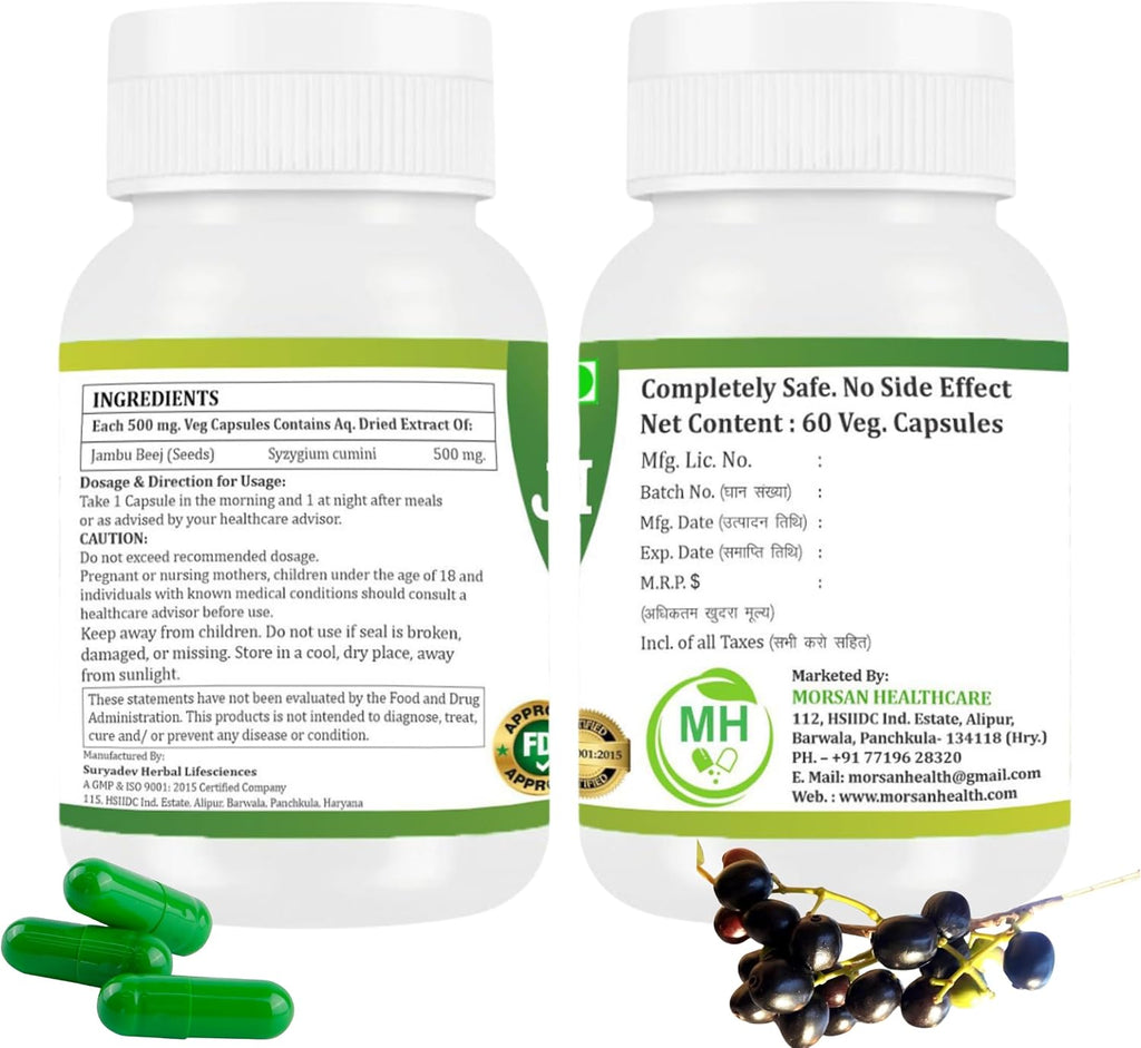 Morsan's Jambu Beej Cápsulas, Pack de 2 x 60 x 500 mg. Cápsulas Vegetales, Puras y Naturales