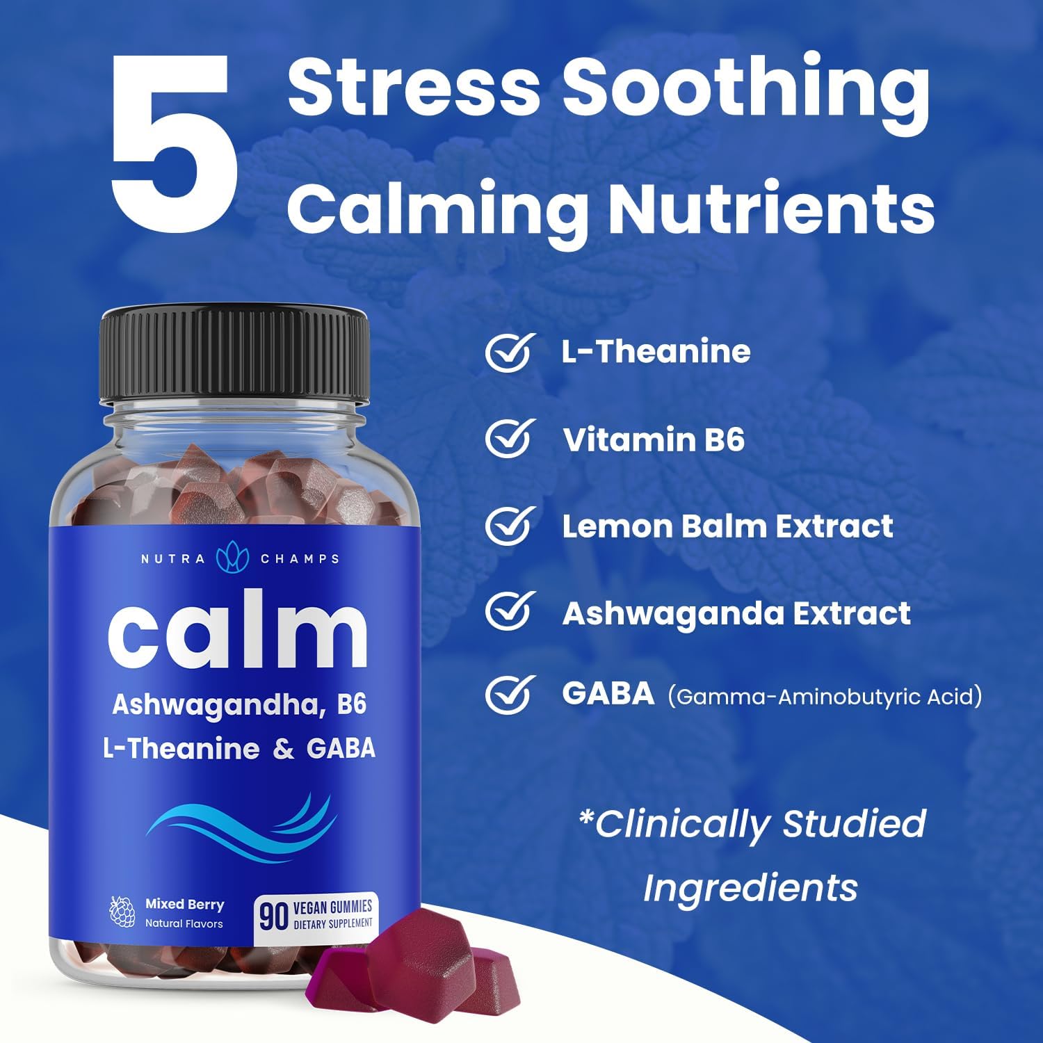 NutraChamps Calm Gummies, Gominolas para el Estrés con Ashwagandha, L-Teanina, GABA, Vitamina B6 y Melisa, Apoyo para el Estado de Ánimo, Concentración y Relajación, Sabor Natural a Baya, 90 Gominolas