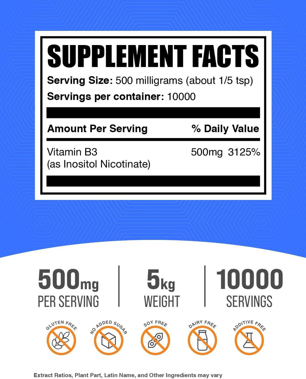 BulkSupplements.com Niacina Sin Rubor en Polvo - Inositol Hexanicotinato, Suplemento de Vitamina B3, 500mg por ración, 5kg