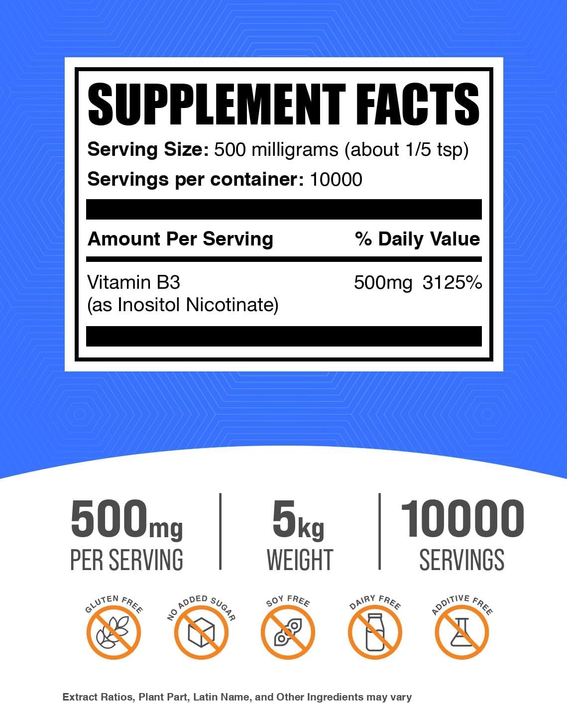 BulkSupplements.com Niacina Sin Rubor en Polvo - Inositol Hexanicotinato, Suplemento de Vitamina B3, 500mg por ración, 5kg