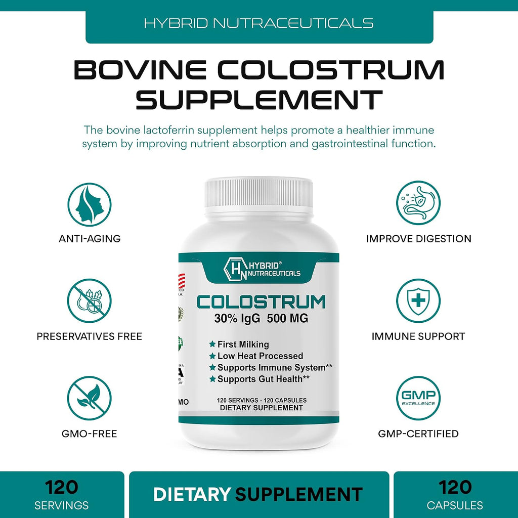 Hybrid Nutraceuticals Suplemento de Calostro Bovino - 500mg por Cápsula - 30% IgG - 120 Cápsulas
