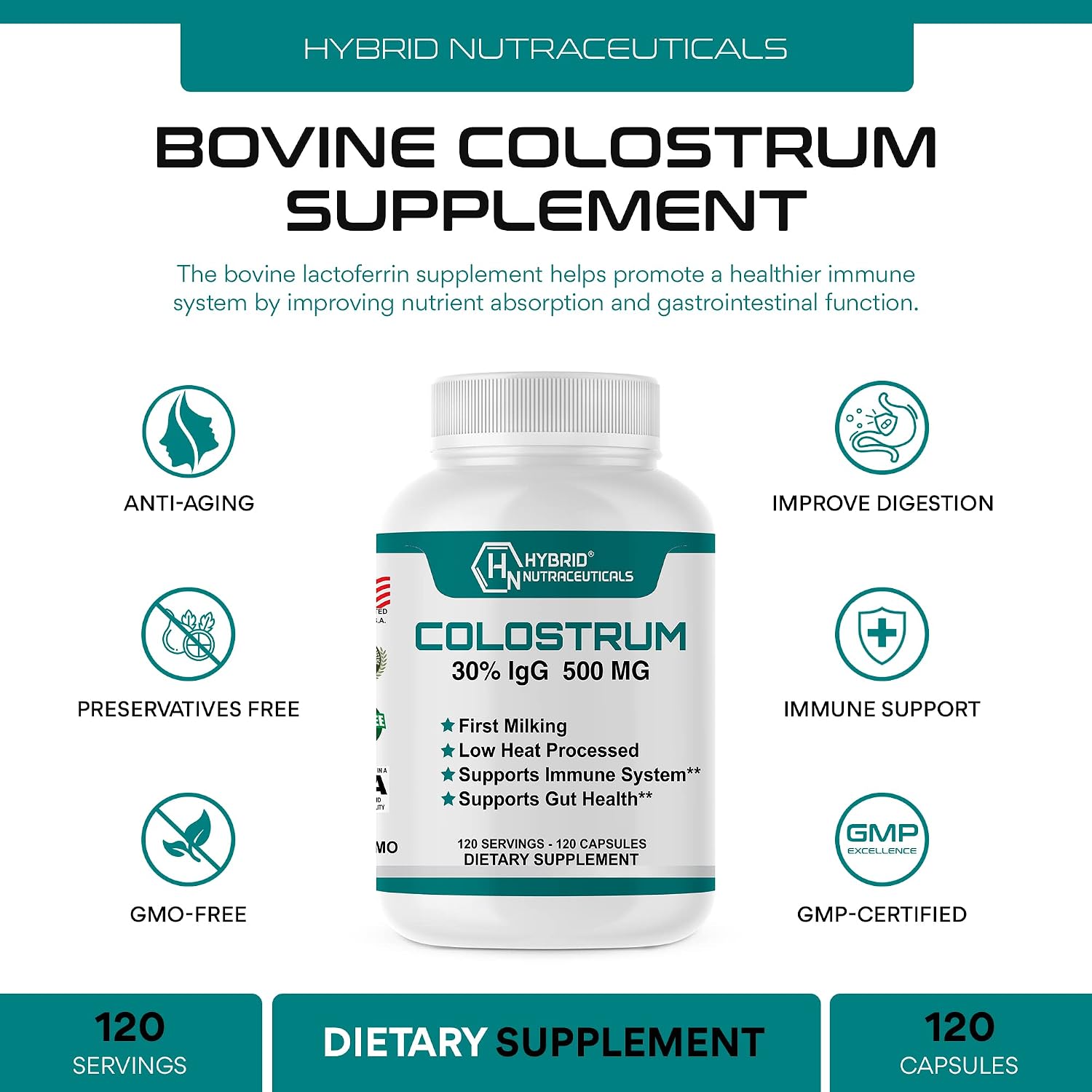 Hybrid Nutraceuticals Suplemento de Calostro Bovino - 500mg por Cápsula - 30% IgG - 120 Cápsulas