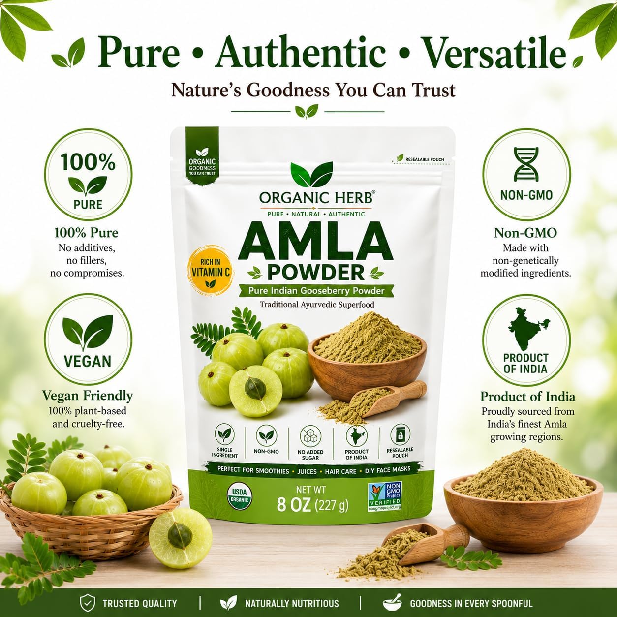 Polvo de Amla Orgánico - Complemento de Vitamina C Natural para Inmunidad y Cabello - 227 g