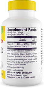 Healthy Origins Vitamina E 400 UI de Girasol - 120 Cápsulas Blandas