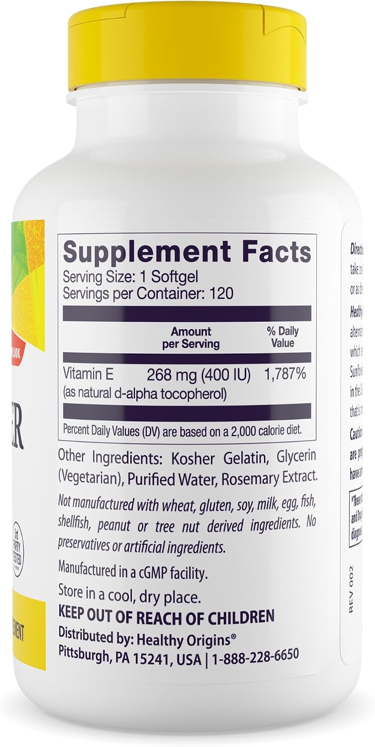 Healthy Origins Vitamina E 400 UI de Girasol - 120 Cápsulas Blandas