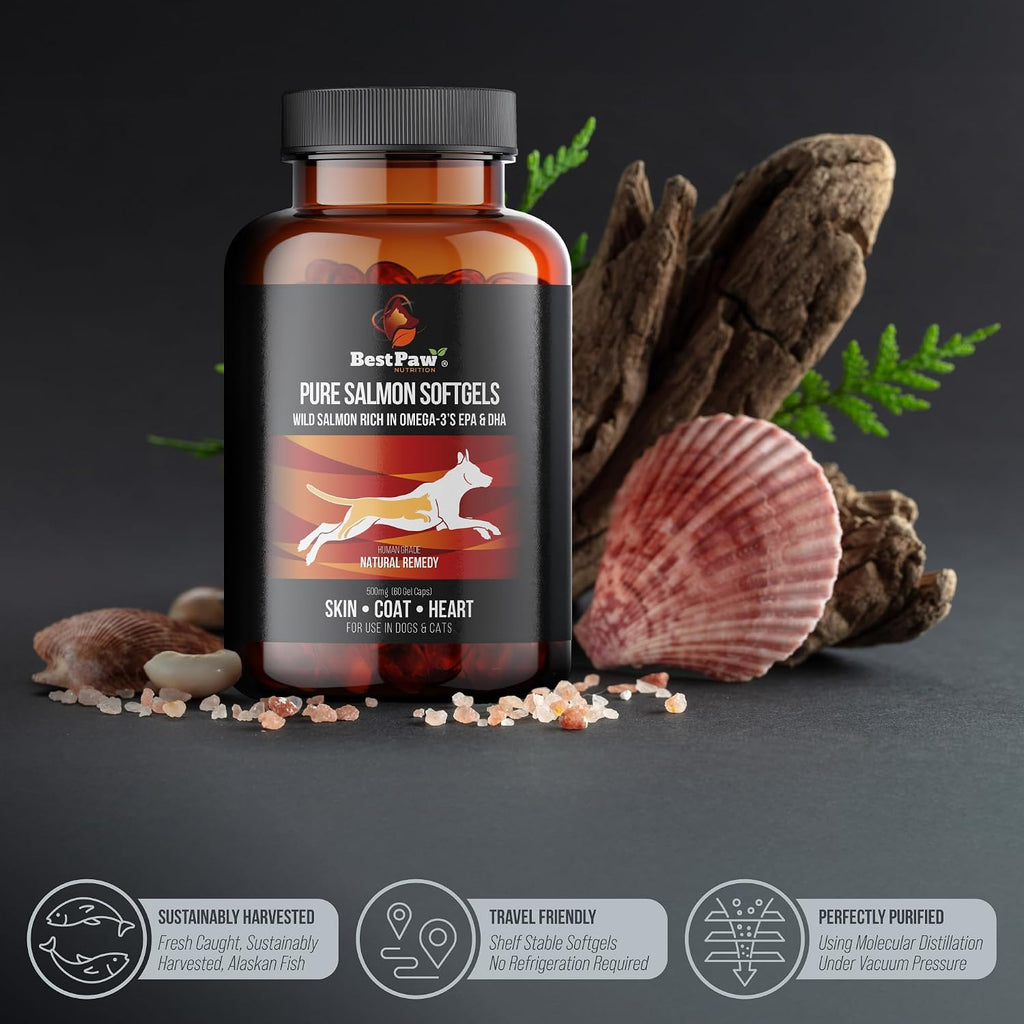 Aceite de Salmón Salvaje de Alaska para Perros y Gatos | Cápsulas Blandas de Aceite de Pescado Omega 3 | Piel y Pelaje, Articulaciones y Soporte Cardíaco | 500mg EPA DHA | 60 Unidades