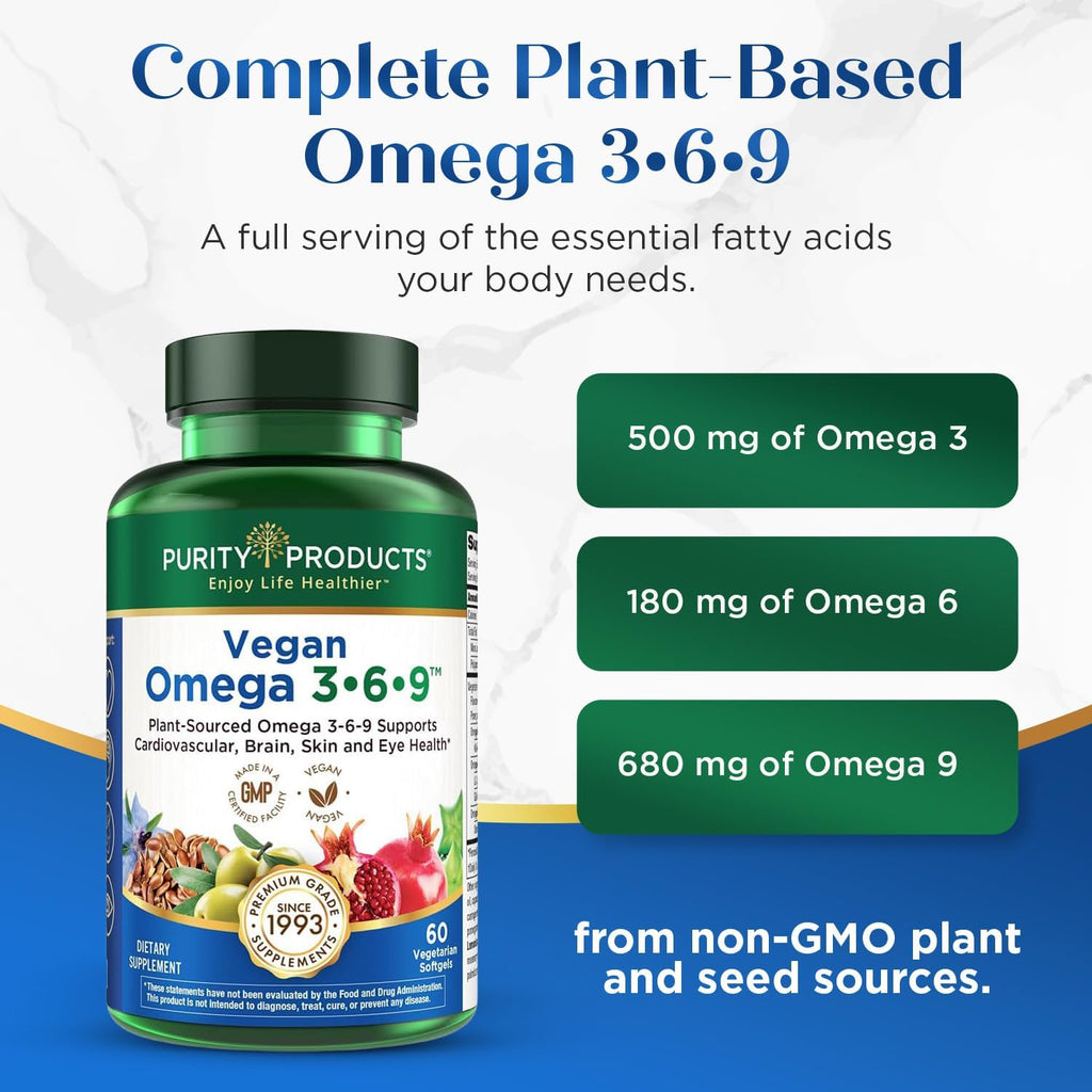 Purity Products Omega 3-6-9 Vegano – Fórmula 5 en 1 de Ácidos Grasos Esenciales (60 cápsulas blandas)