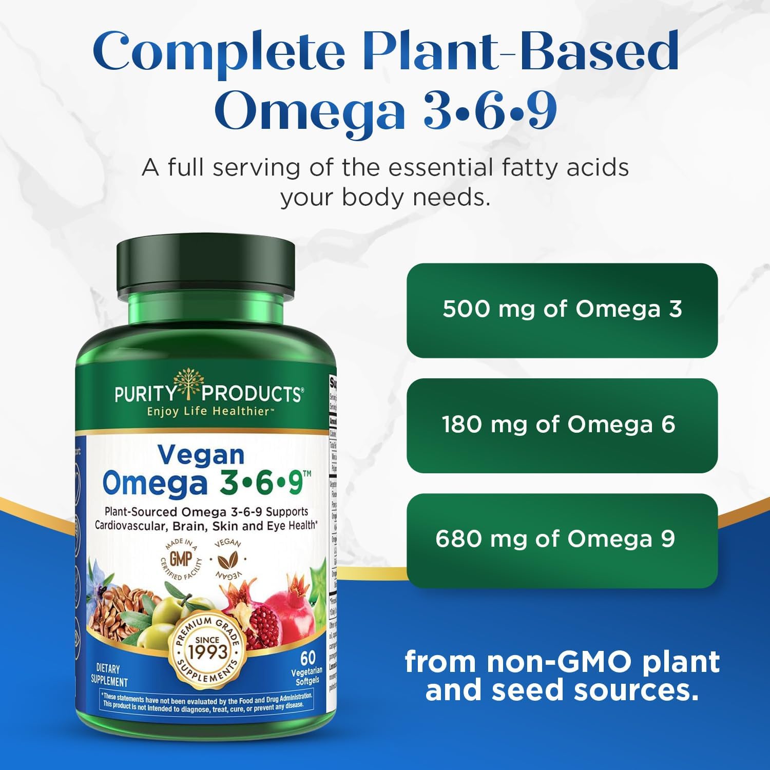 Purity Products Omega 3-6-9 Vegano – Fórmula 5 en 1 de Ácidos Grasos Esenciales (60 cápsulas blandas)