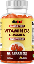 Vitabod Gominolas de Vitamina D3 sin Azúcar, 50.000 UI Semanales – 120 unidades – Apoyo para Huesos, Dientes y Sistema Inmunitario – Sin OGM, Fácil de Masticar