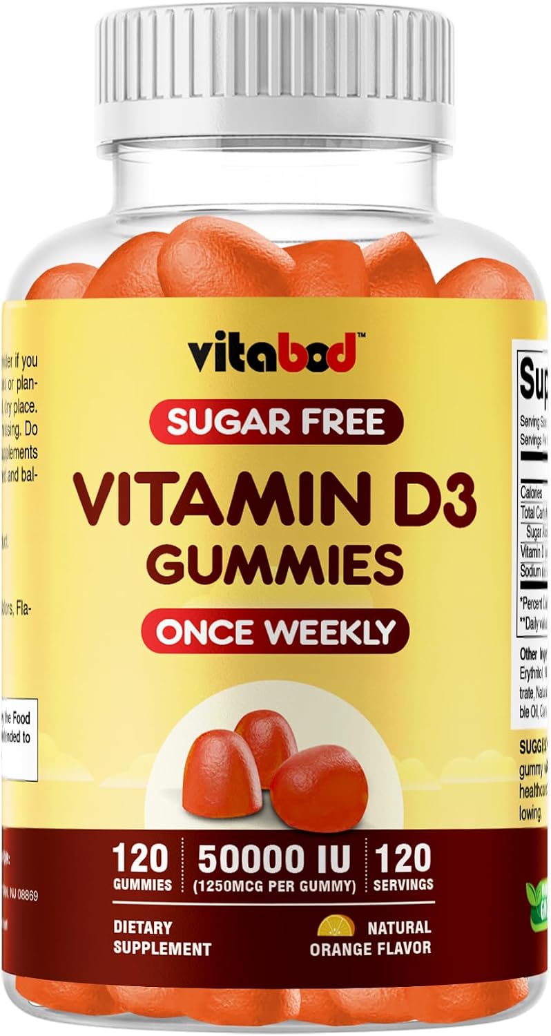 Vitabod Gominolas de Vitamina D3 sin Azúcar, 50.000 UI Semanales – 120 unidades – Apoyo para Huesos, Dientes y Sistema Inmunitario – Sin OGM, Fácil de Masticar
