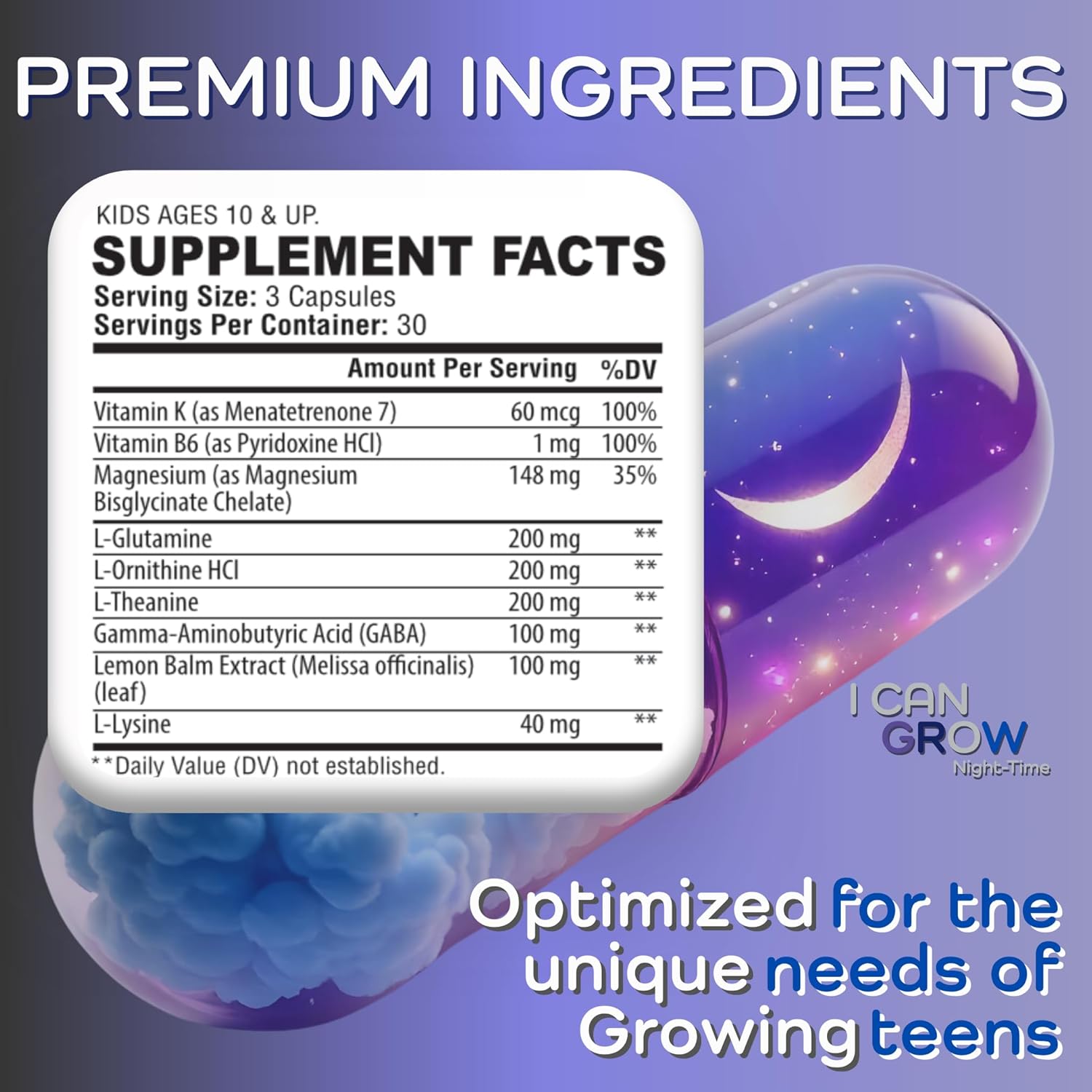 I Can Grow NightTime Vitaminas para Niños - Multivitamínico con Glicinato de Magnesio para el Sueño