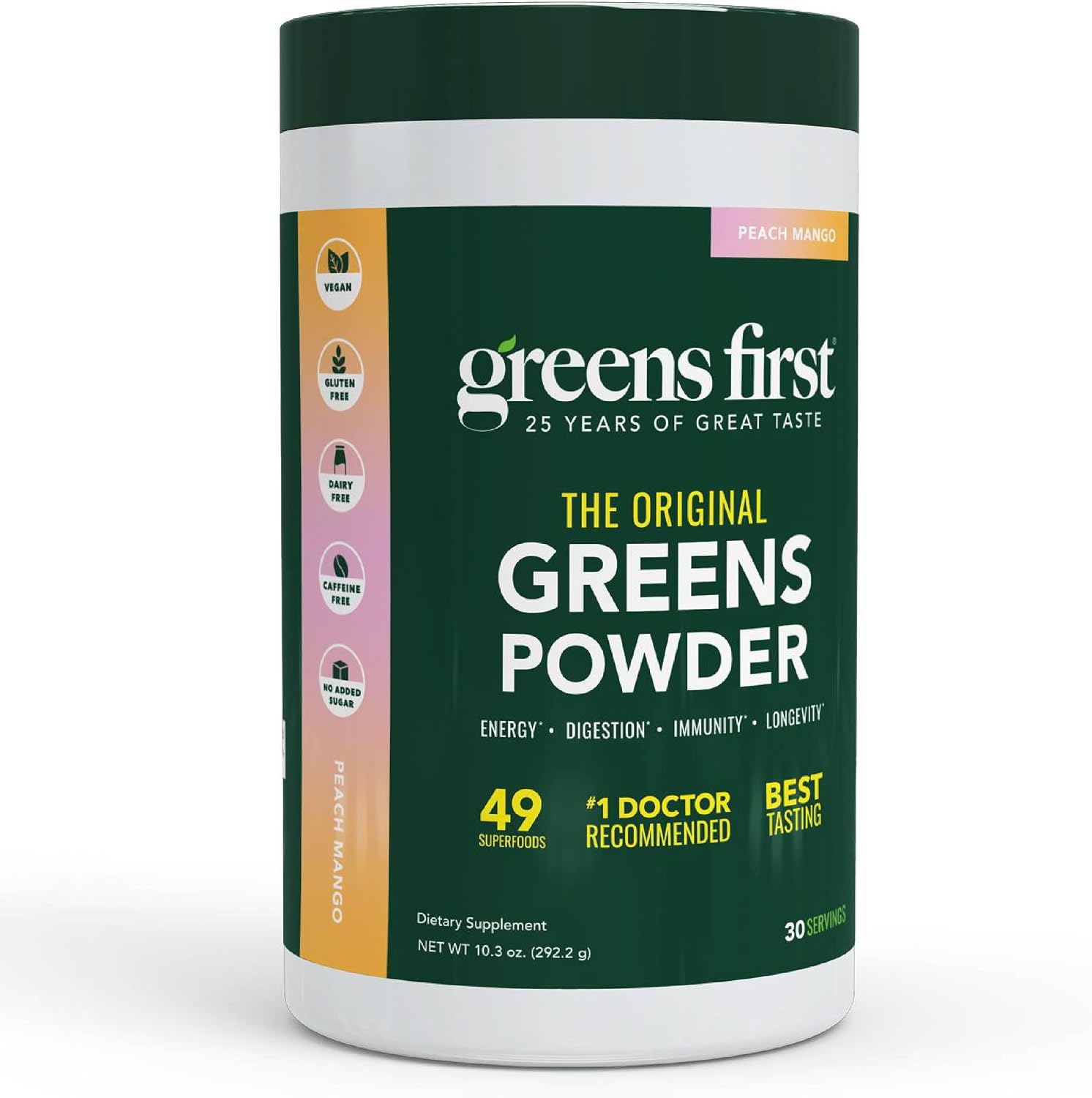 Greens First Original Greens Powder - 49 Superalimentos - Frutas y Verduras Orgánicas - Prebióticos, Probióticos y Enzimas Digestivas - Batido Antioxidante - Sin Lácteos/Vegano/No OGM (Melocotón Mango, 60 Raciones)