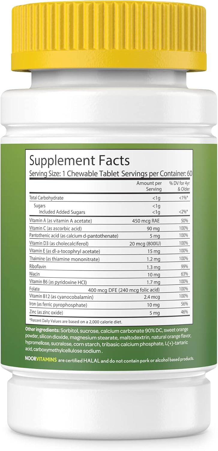 Noor Vitamins Children's Chewable Multivitamin with Iron - 60 Tablets (2 Month Supply)