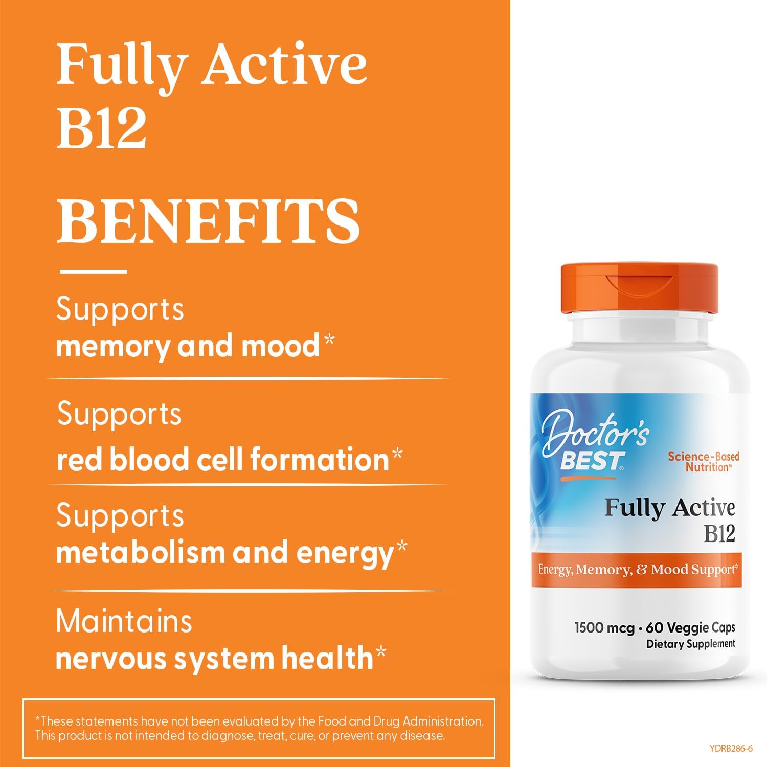 Doctor's Best B12 1500 mcg - Metilcobalamina Activa - 60 Cápsulas Veganas