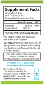 Carlson - Baby's Plant-Based Super Daily D3, Gotas de vitamina D3 vegetal para bebés, 400 UI (10 mcg) por gota, 90 gotas