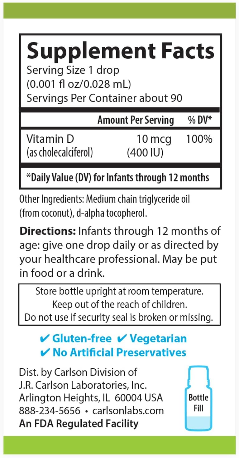 Carlson - Baby's Plant-Based Super Daily D3, Gotas de vitamina D3 vegetal para bebés, 400 UI (10 mcg) por gota, 90 gotas
