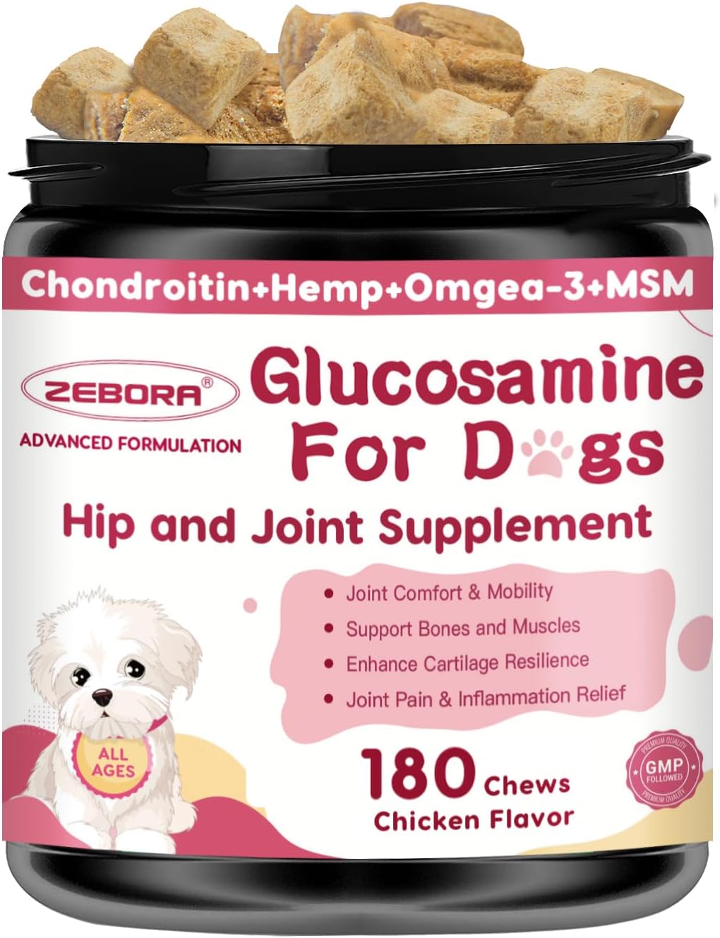 Suplemento para Articulaciones y Cadera para Perros con Glucosamina, MSM, Condroitina, Omega-3 y Cúrcuma - 180 Golosinas Liofilizadas