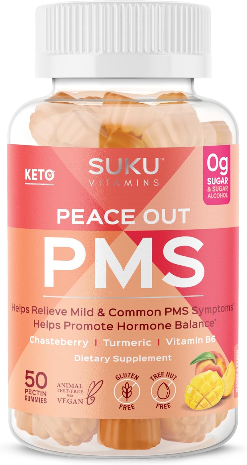 SUKU Vitamins - Gomitas para el síndrome premenstrual con Vitex (Sauco casto) - Sabor melocotón y mango - 50 gomitas