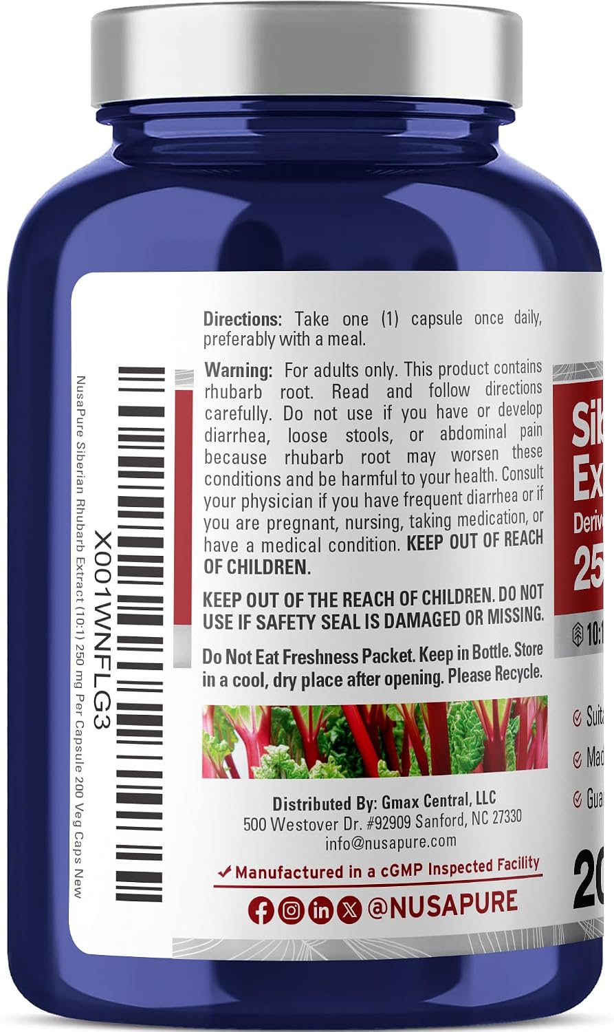 NusaPure Ruibarbo Siberiano, 250 mg, 200 Cápsulas Veganas (No OGM, Vegano)