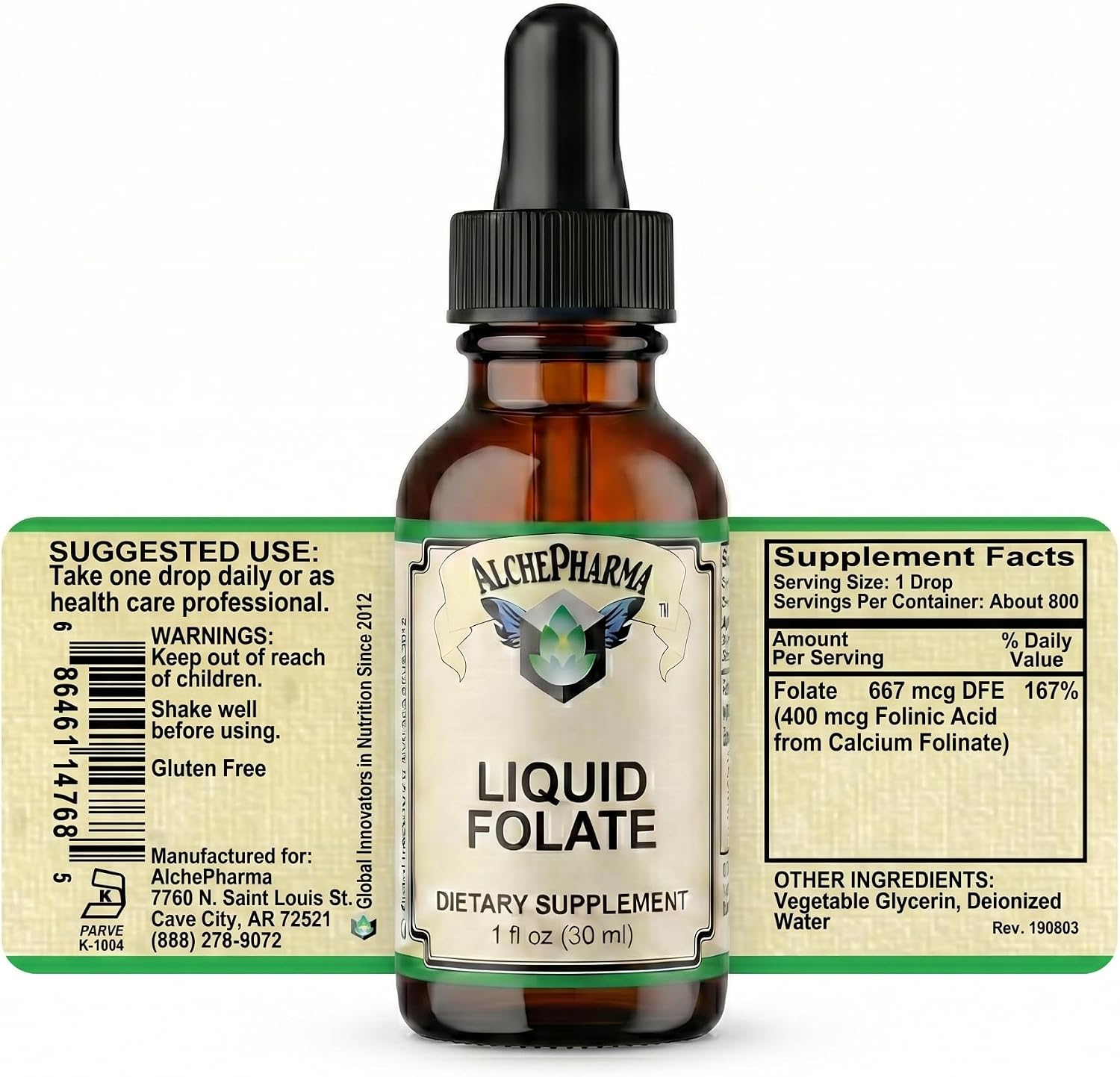 AlchePharma Folato Líquido - 667 mcg DFE (400 mcg Ácido Folínico) - 800 Dosis