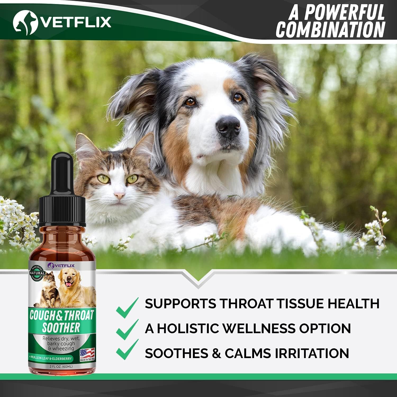 Vetflix Líquido para la tos para perros y gatos - 60 ml - Mezcla de gordolobo, saúco y caléndula
