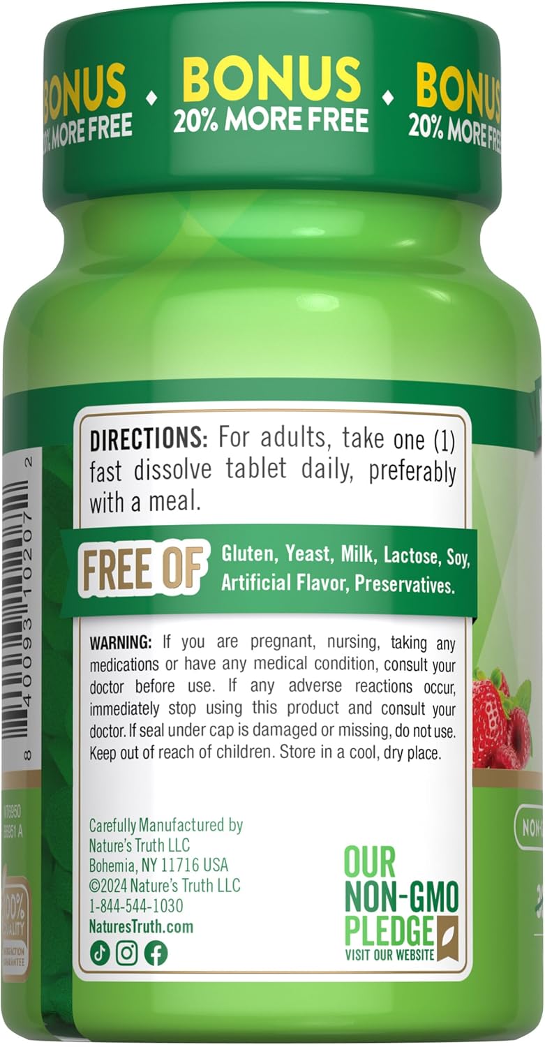 Nature's Truth Vitamina B12 6000 mcg Metilcobalamina | 36 Tabletas | Disolución Rápida Sabor Bayas | Vegano, Sin Gluten y No OGM