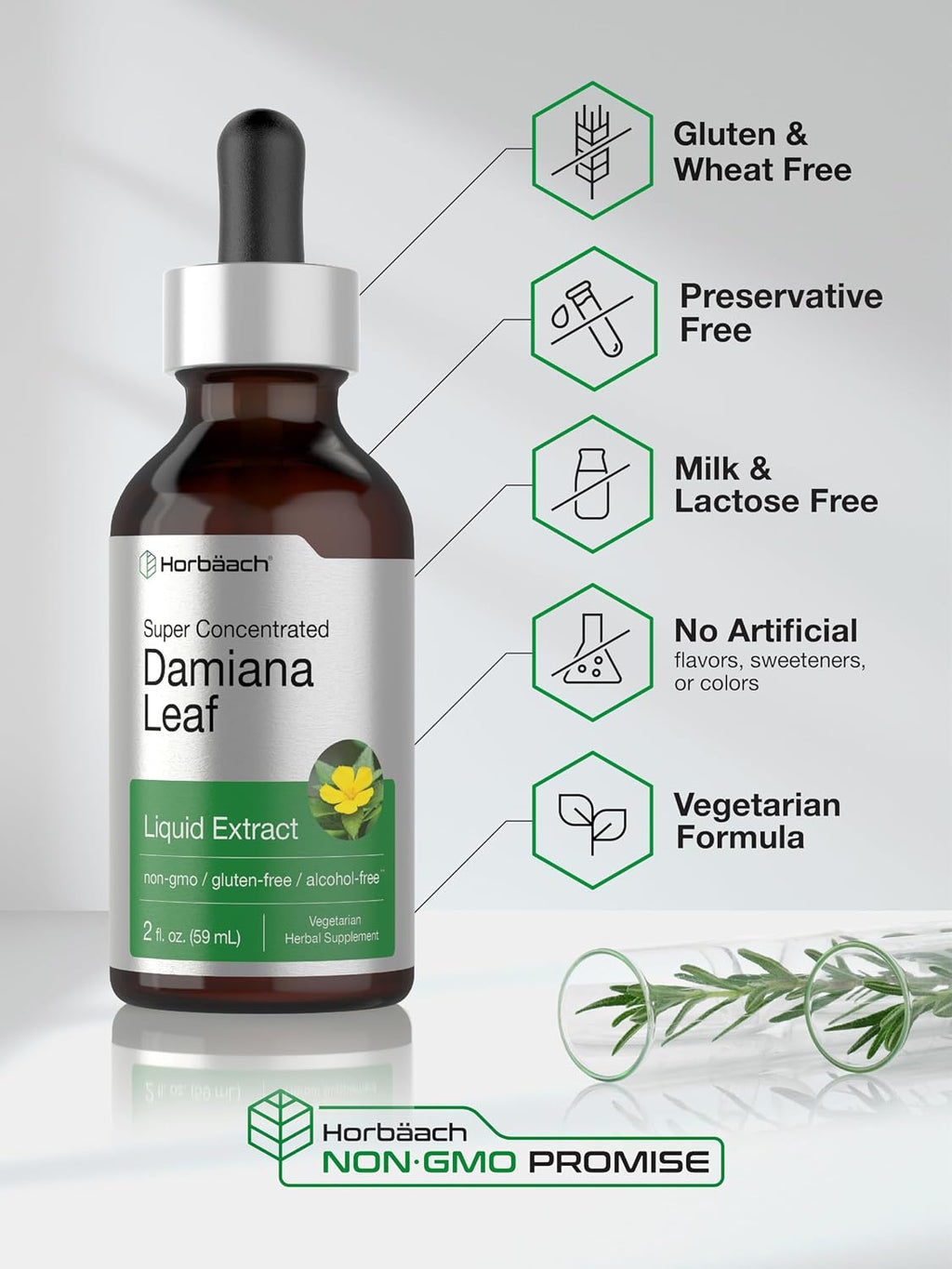 Horbäach Damiana Leaf Herb Tincture - 60 ml - Alcohol-Free Liquid Extract