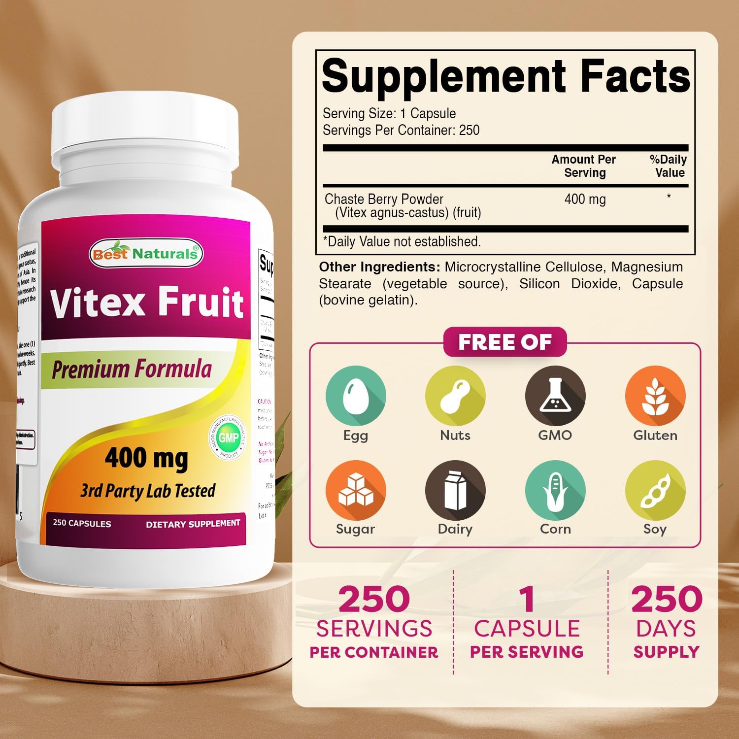 Best Naturals Vitex (Sauzgatillo) 400 mg - 250 Cápsulas (Pack de 3)