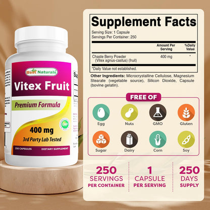 Best Naturals Vitex (Sauzgatillo) 400 mg - 250 Cápsulas (Pack de 3) – Image 2