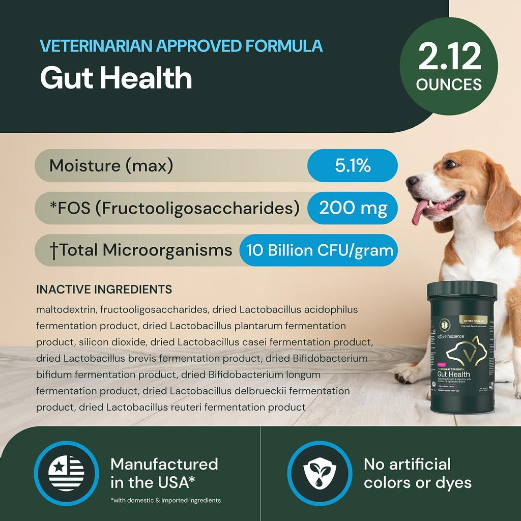 VetriScience Veterinary Strength Gut Health Powder - Probiótico para Mascotas - 60 Dosis