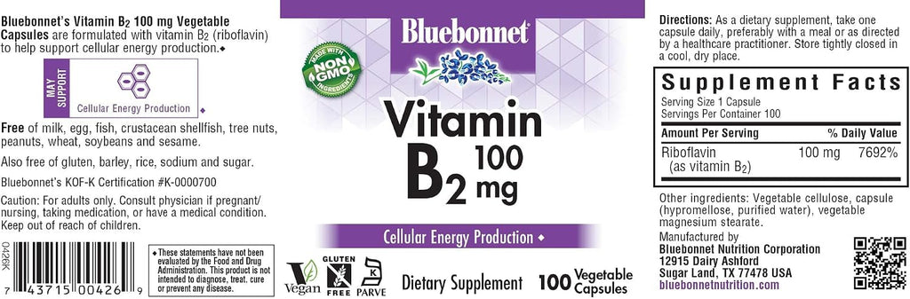 Bluebonnet Nutrition Vitamina B2 (Riboflavina) 100 mg - 100 Cápsulas Vegetales