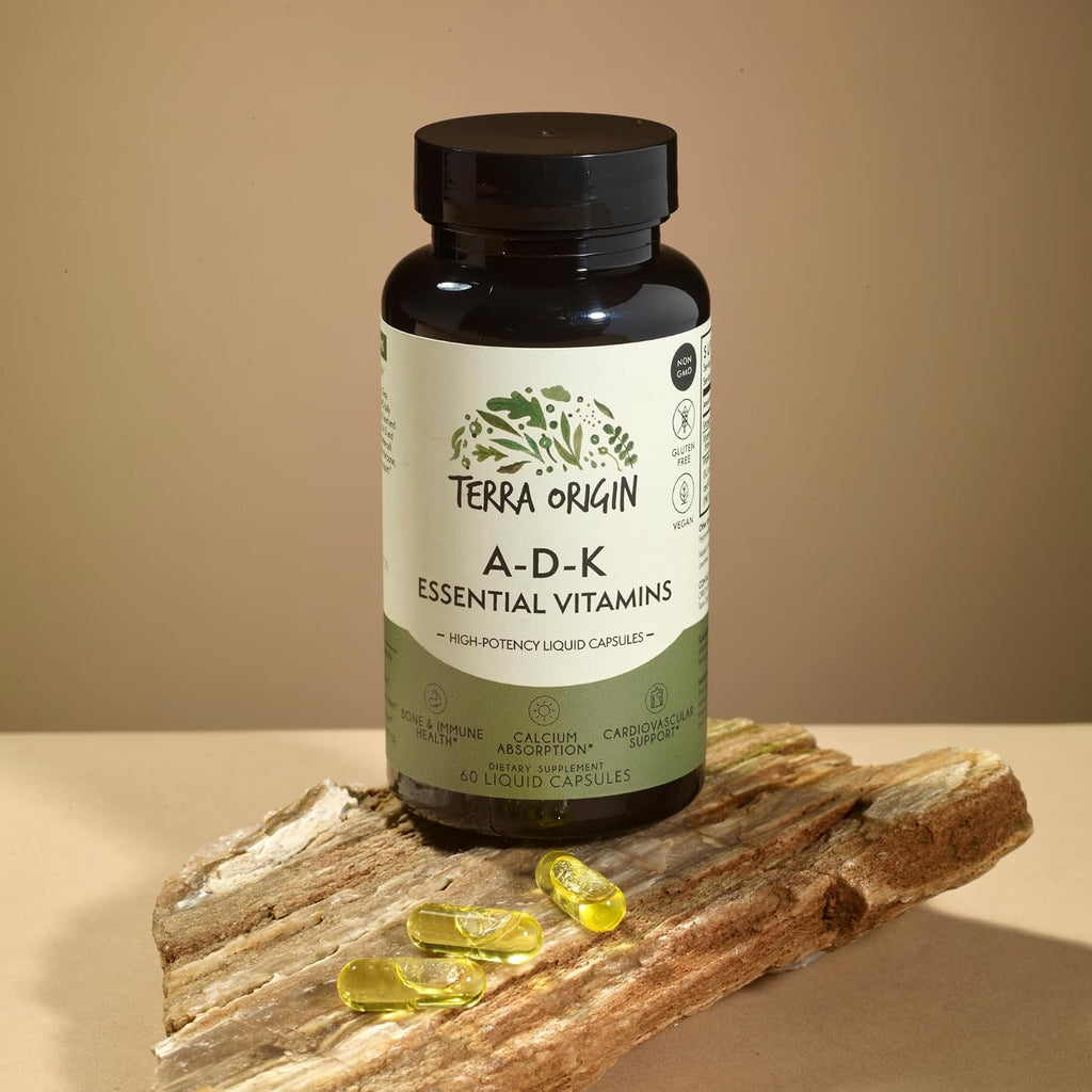 TERRA ORIGIN ADK Essential Vitamin Supplement | 60 Cápsulas Líquidas | Alta Potencia Vitaminas A, D3 (5000 UI), K1 y K2