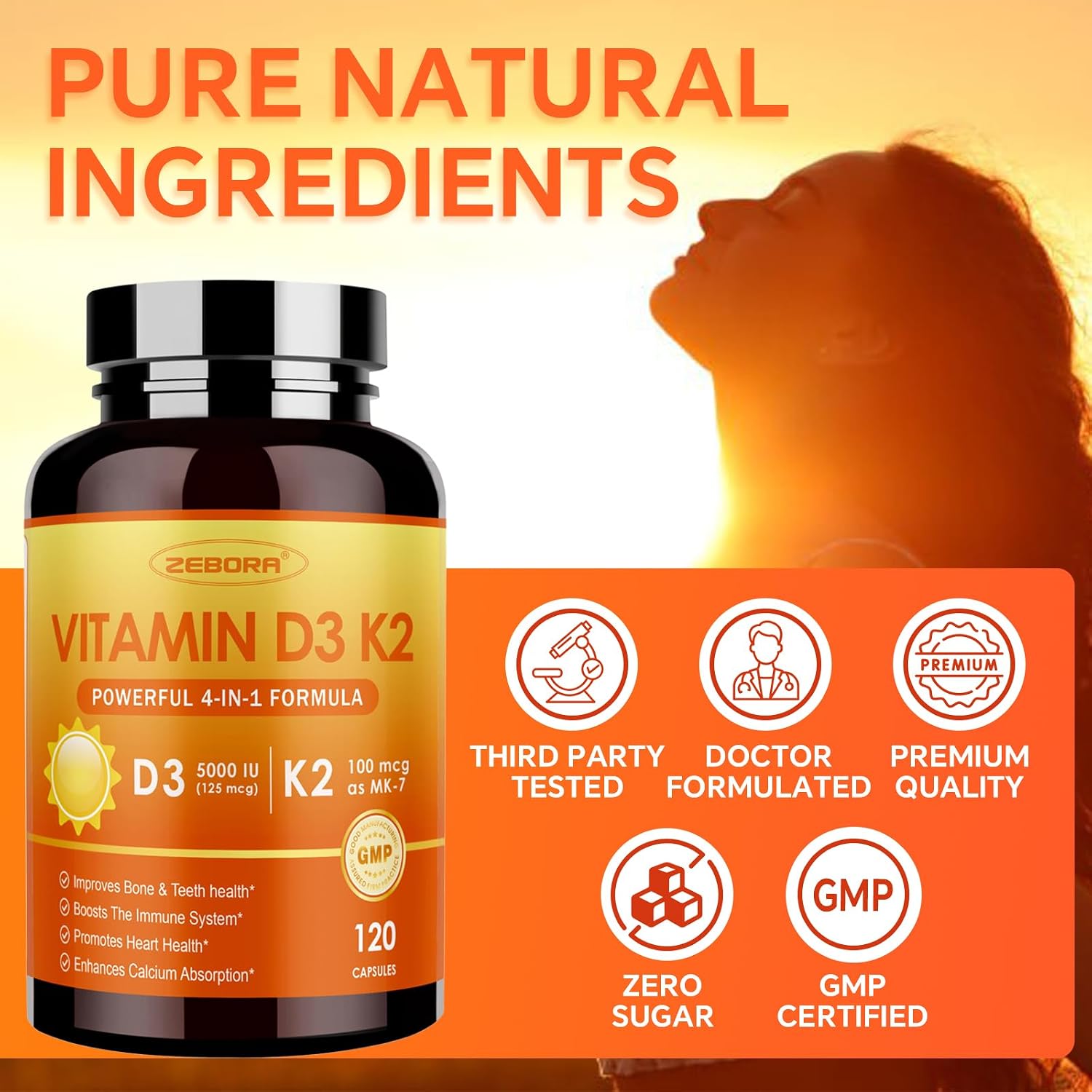 ZEBORA Vitamina D3 K2 con Zinc y Selenio – 5000 UI de D3 y 100 mcg de K2 MK-7 – 120 Cápsulas