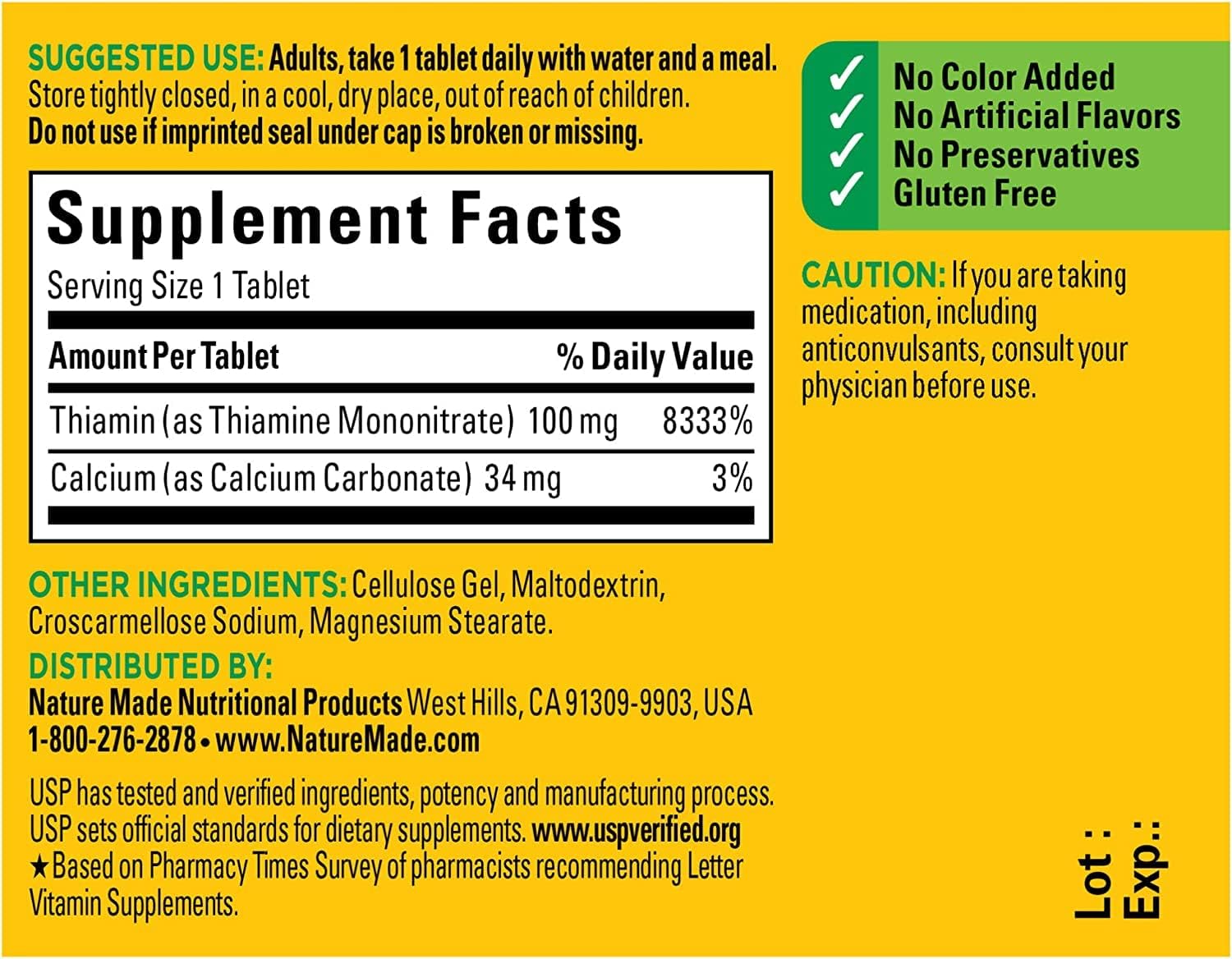 Nature Made B1 100 mg, 100 Comprimidos (Paquete de 5)