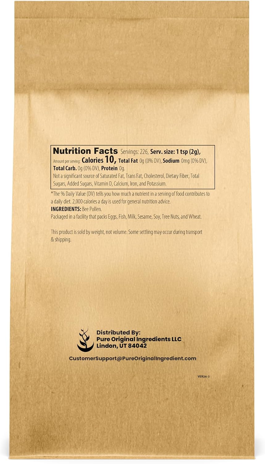 PURE ORIGINAL INGREDIENTS Polen de Abeja en Polvo, 453 g (1 lb), Sin Aditivos, Suplemento Puro