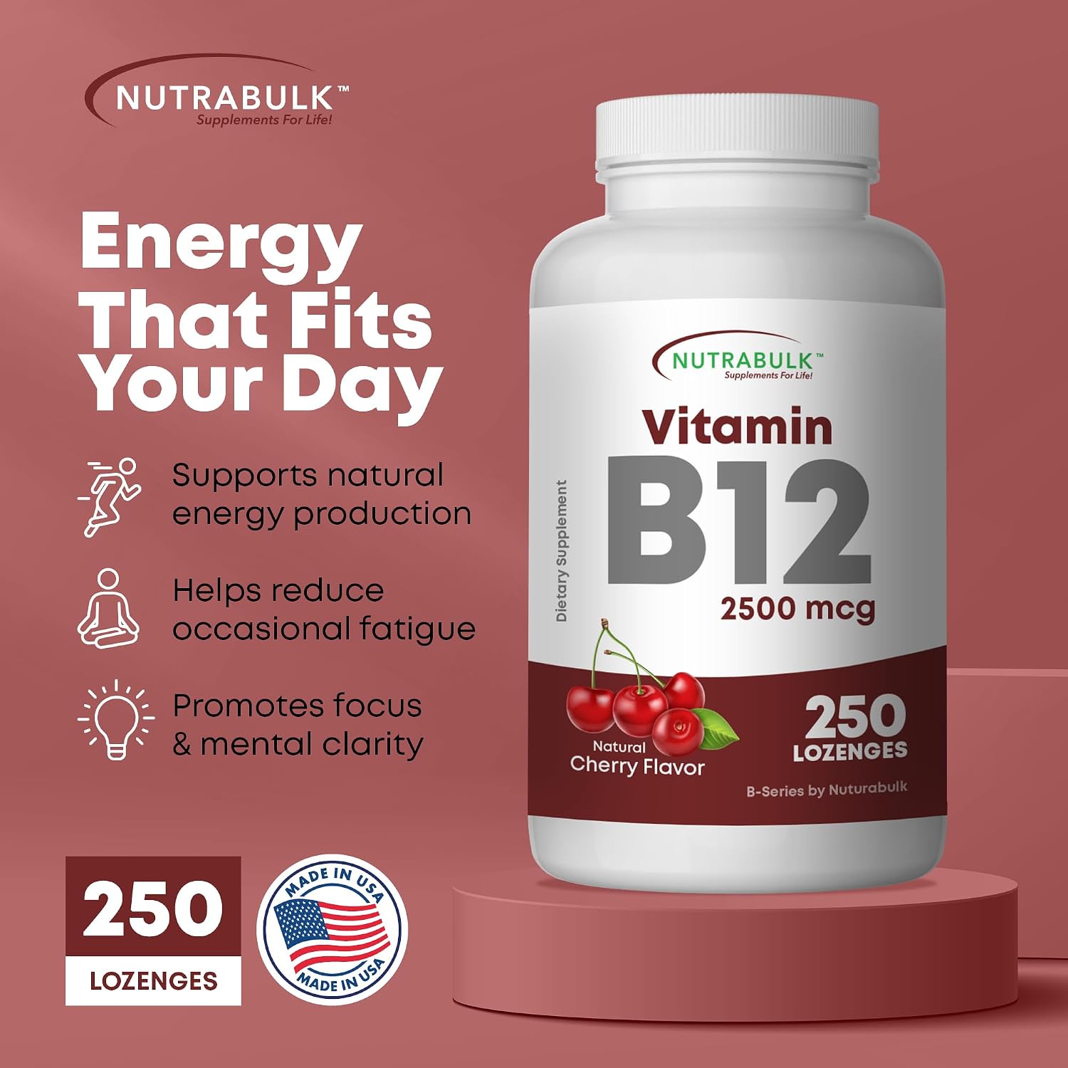 Vitamina B12 2500 mcg Pastillas Sublinguales Sabor Cereza - NutraBulk