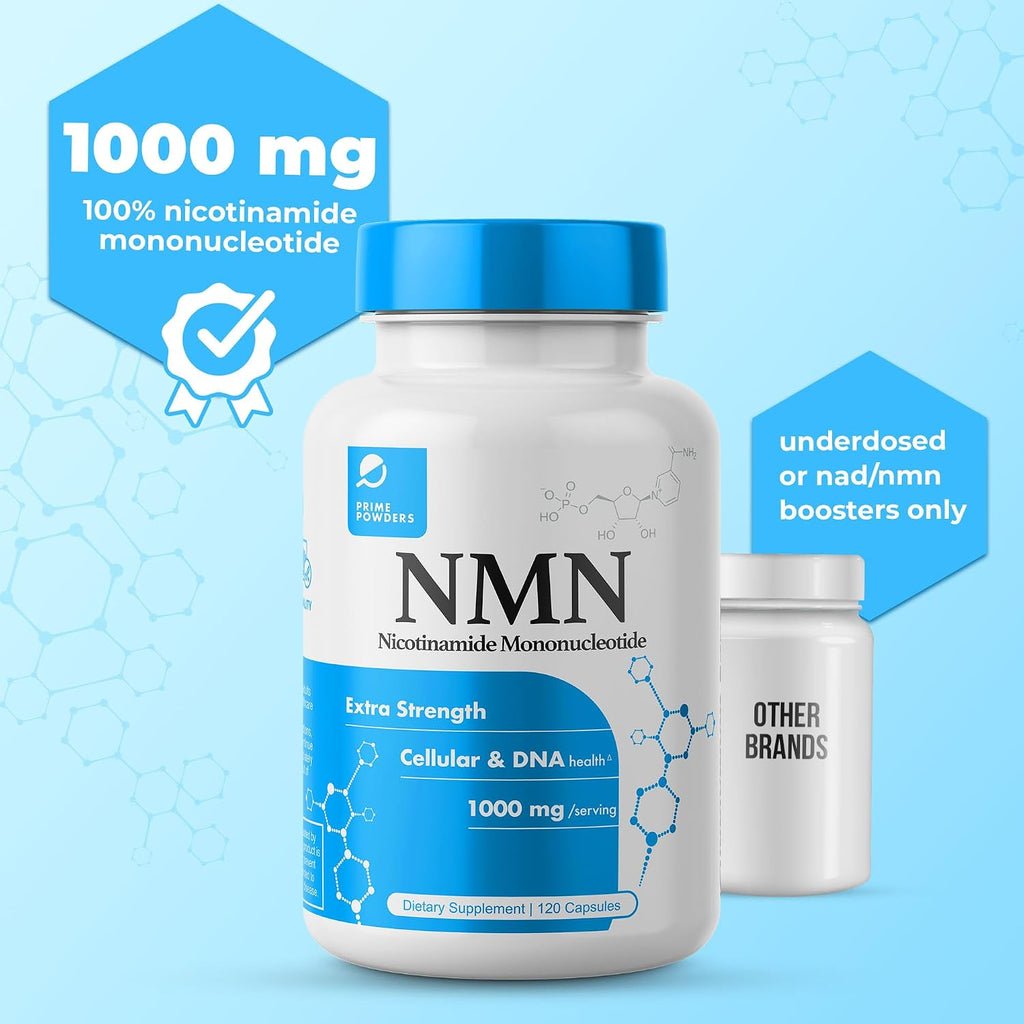 Prime Powders Cápsulas de NMN – 1000 mg por Ración – Nicotinamida Mononucleótido Estabilizada – Alta Potencia – 120 Cápsulas Vegetarianas, No Transgénico y Sin Gluten