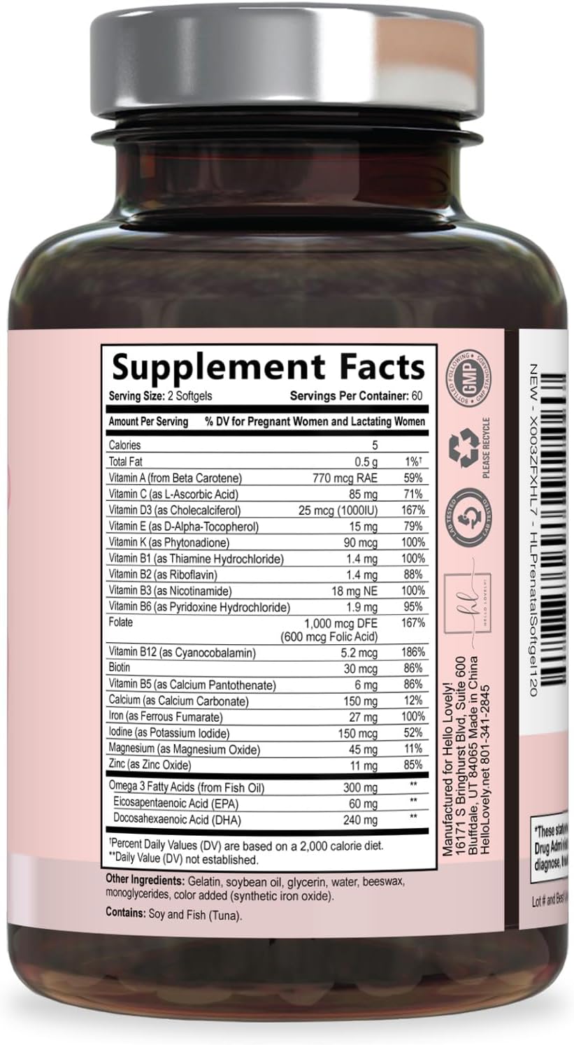 Hello Lovely! Vitaminas Prenatales con Ácido Fólico + Omega 3 DHA - 120 Cápsulas Blandas