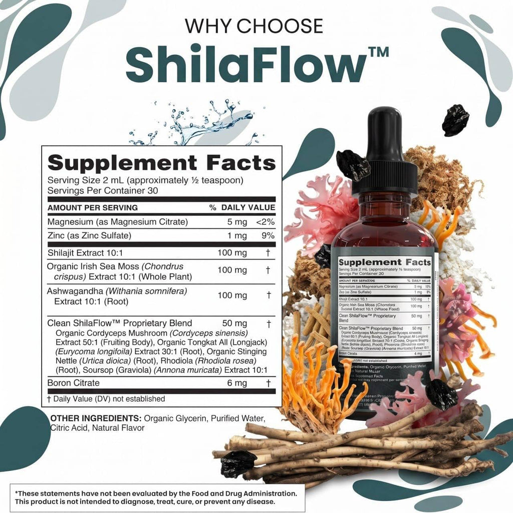 ShilaFlow Shilajit Drops Líquido – Complejo de Shilajit con Sea Moss, Ashwagandha, Zinc, Magnesio y Boro