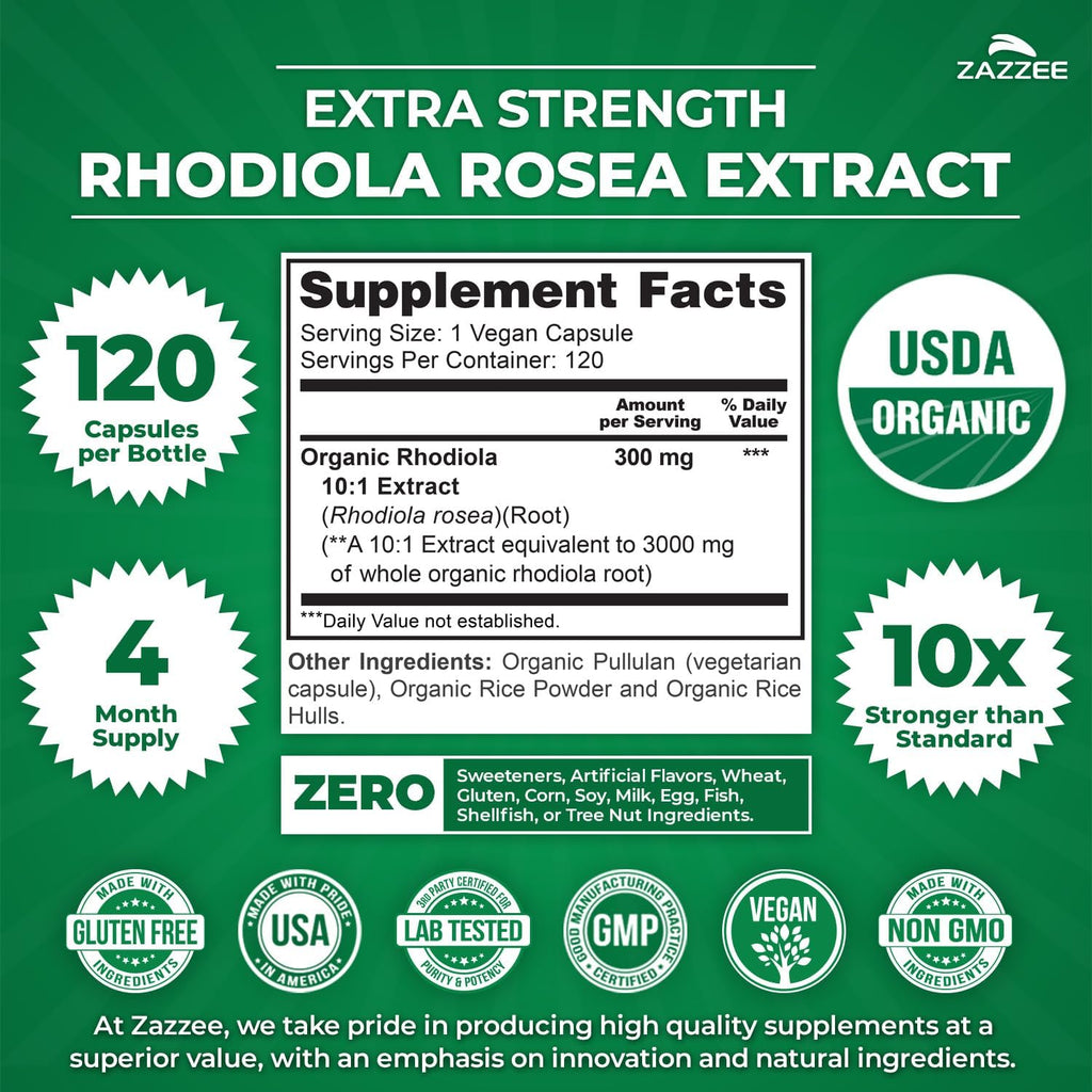 Zazzee Rhodiola Rosea Orgánica Extracto 10:1 – 120 Cápsulas (4 Meses)
