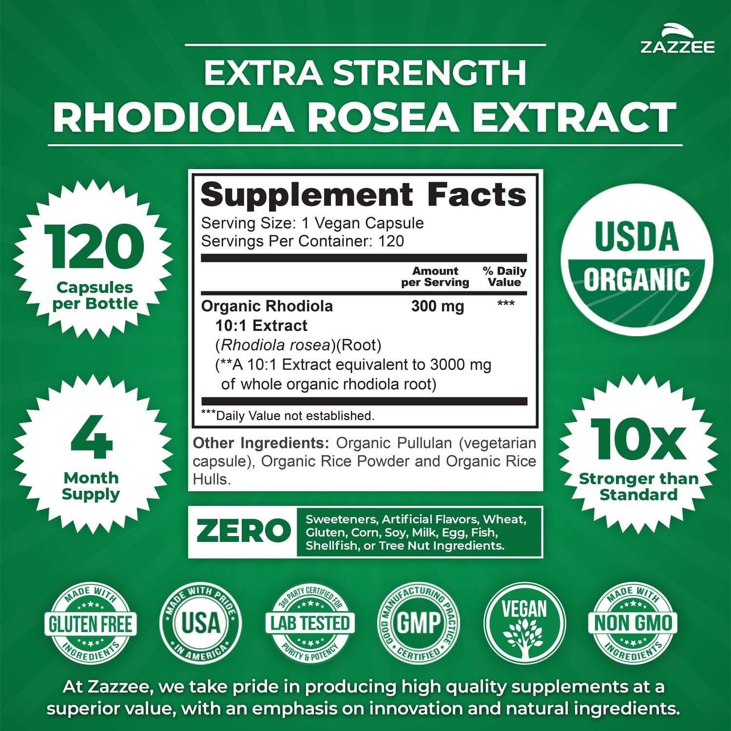 Zazzee Rhodiola Rosea Orgánica Extracto 10:1 – 120 Cápsulas (4 Meses)