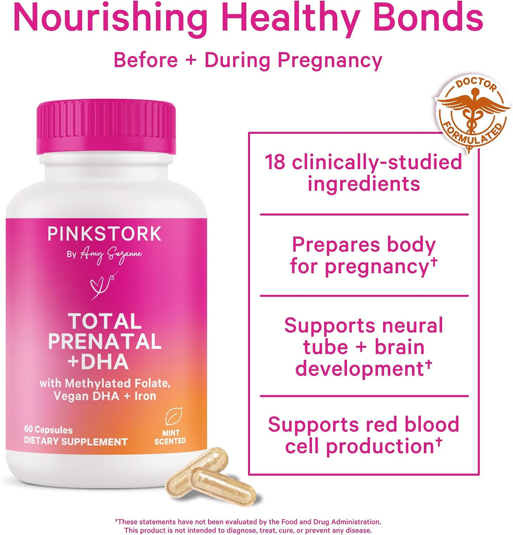 Pink Stork Total Prenatal Vitaminas con DHA - Menta (180 Cápsulas, 3 Meses)