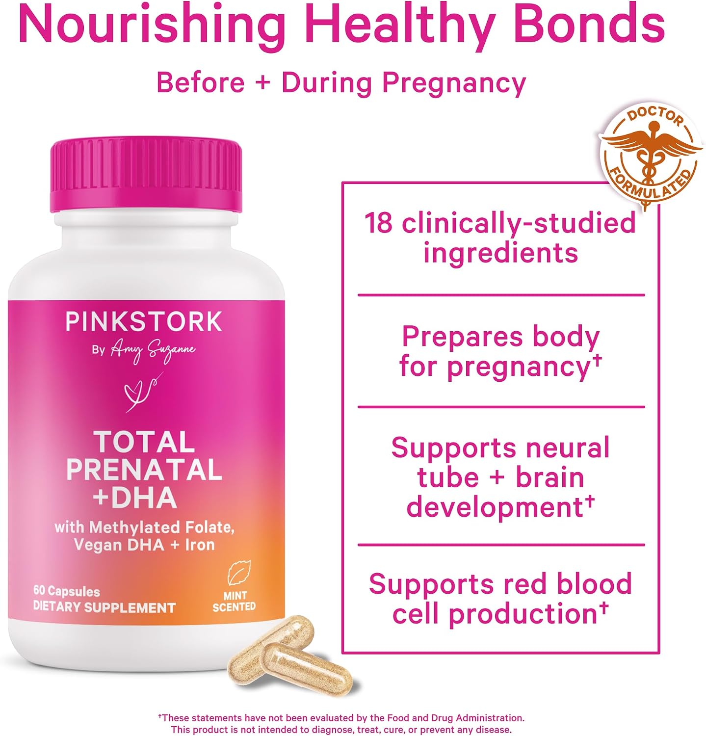 Pink Stork Total Prenatal Vitaminas con DHA - Menta (180 Cápsulas, 3 Meses)