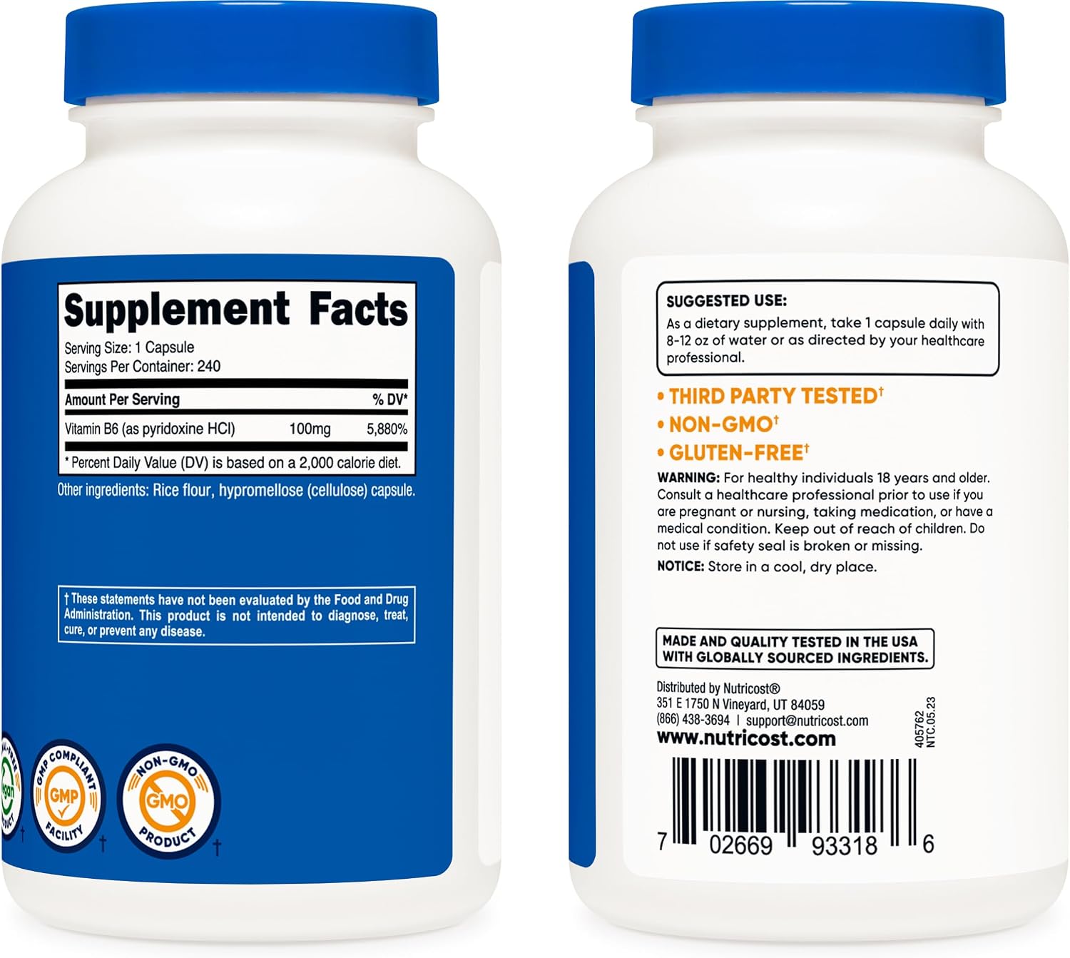Nutricost Vitamina B6 (Piridoxina HCl) 100mg, 240 Cápsulas (3 Botellas)